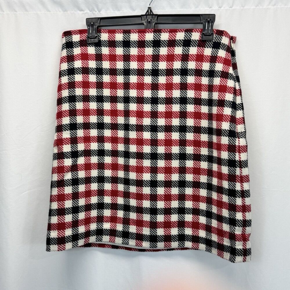 Talbots Wool Red Black Ivory Plaid A-Line Skirt 8 Lined Festive Check Tartan